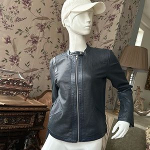 Perforated Leather Moto Jacket Zipper front pockets Snap neck Lined dark blue